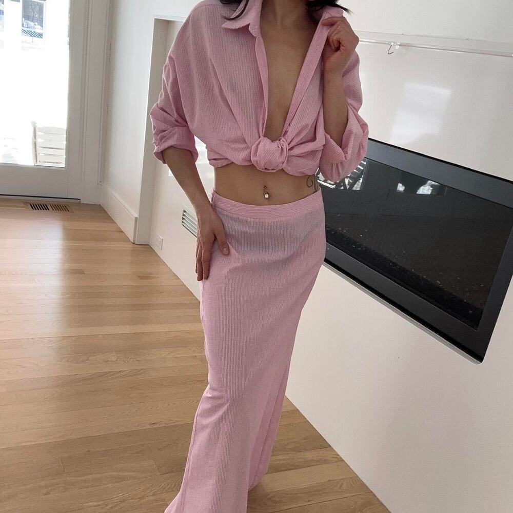 Mimosa pink strip button down
